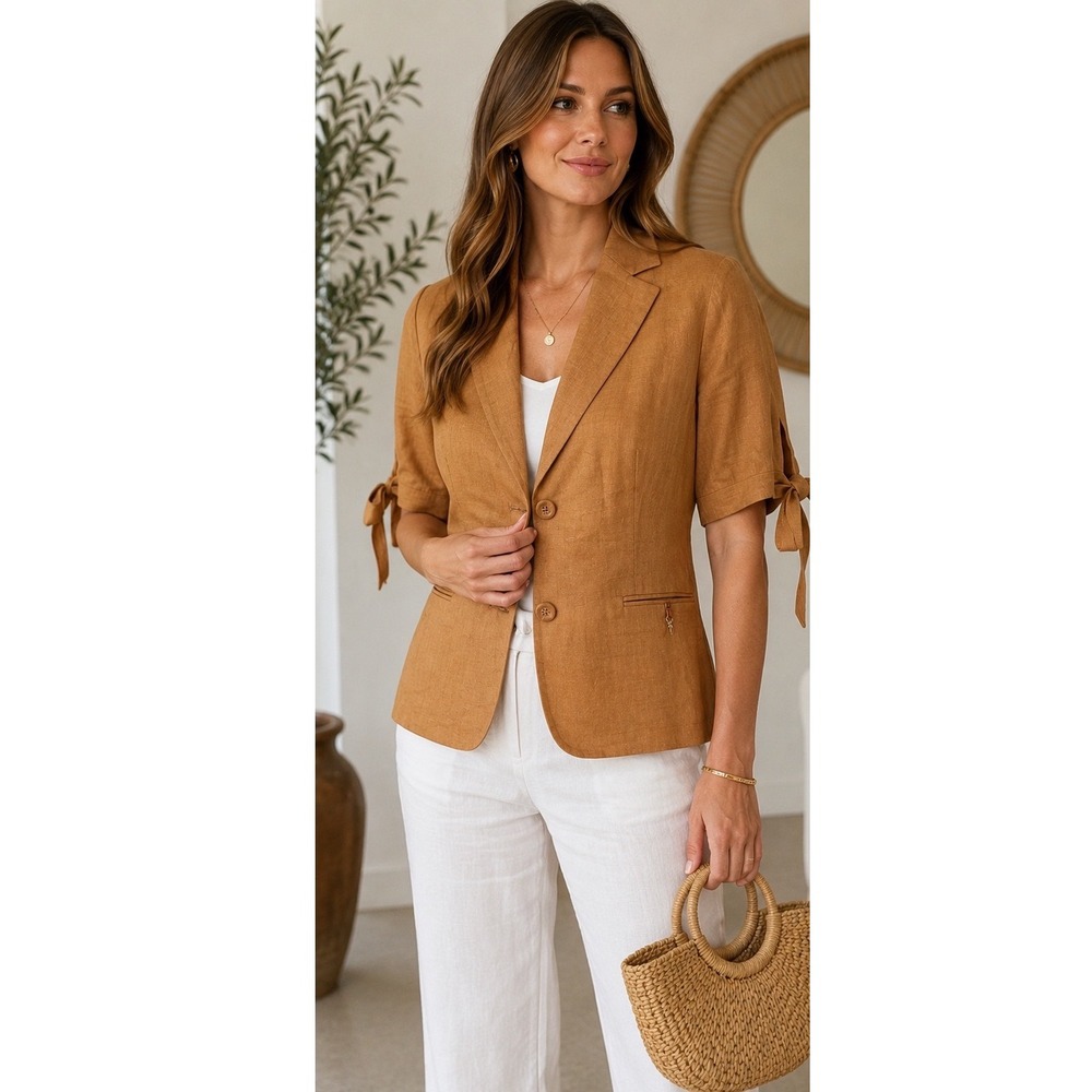 NWT Harmont & Blaine Womens Linen Blend Italian Tie Detail Blazer Tan 40 Fancy